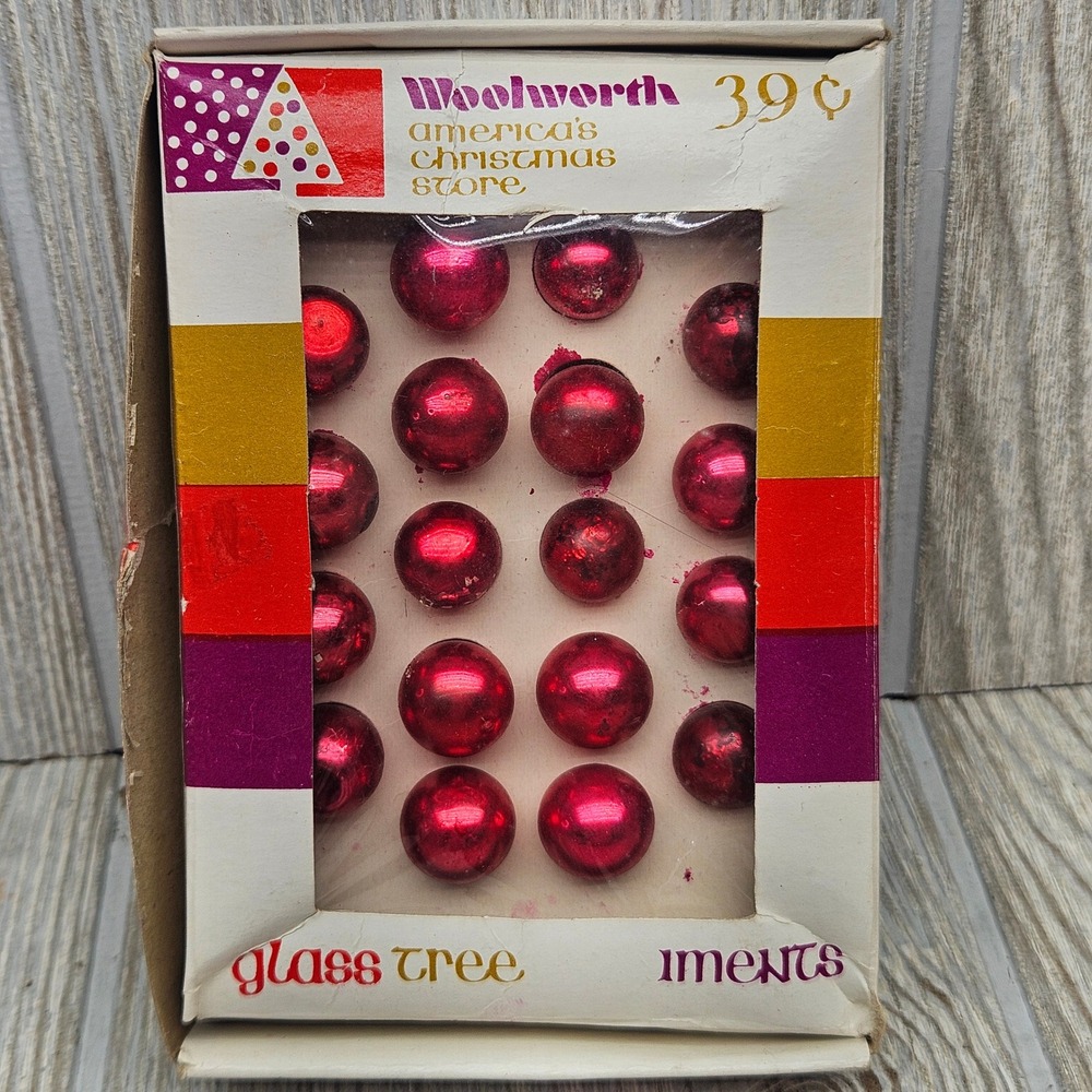Vintage Woolworth Glass Mini Feather Tree Ornaments 18pc Magenta With Box